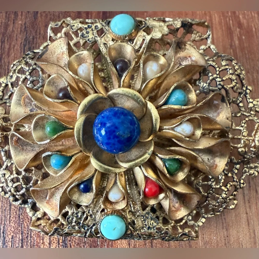 Vintage Gold Tone Filigree Brooch with Blue and Turquoise Plastic Accents